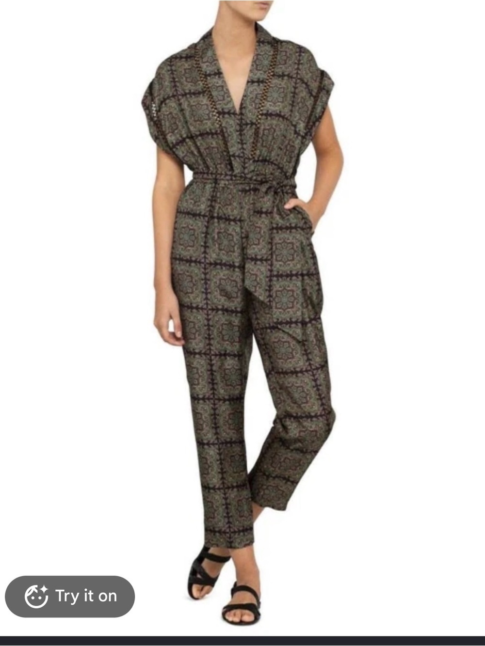 Zimmermann Olive Mosaic Print V-Neck Utility Jumpsuit Size 1